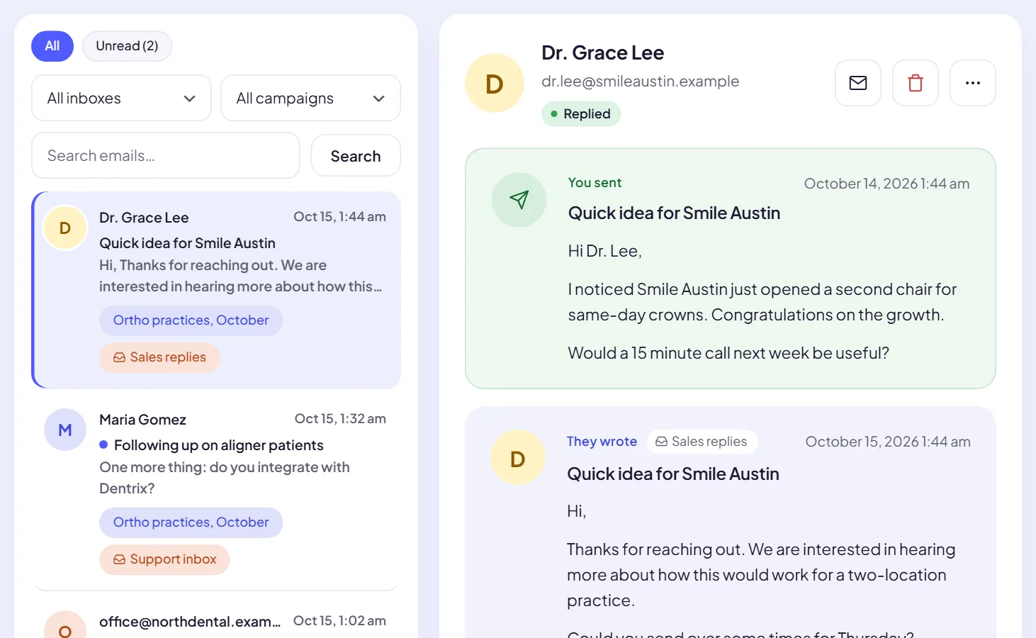 Inbox screen: a list of replies from leads tagged with their campaign and inbox, and an open conversation with Dr. Grace Lee showing the email sent and her reply.