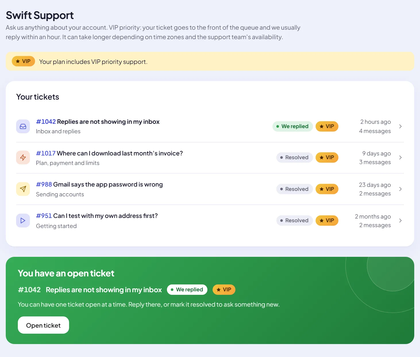 Swift Support inside the app: a list of tickets marked VIP, with statuses We replied and Resolved, and a green panel for the open ticket.