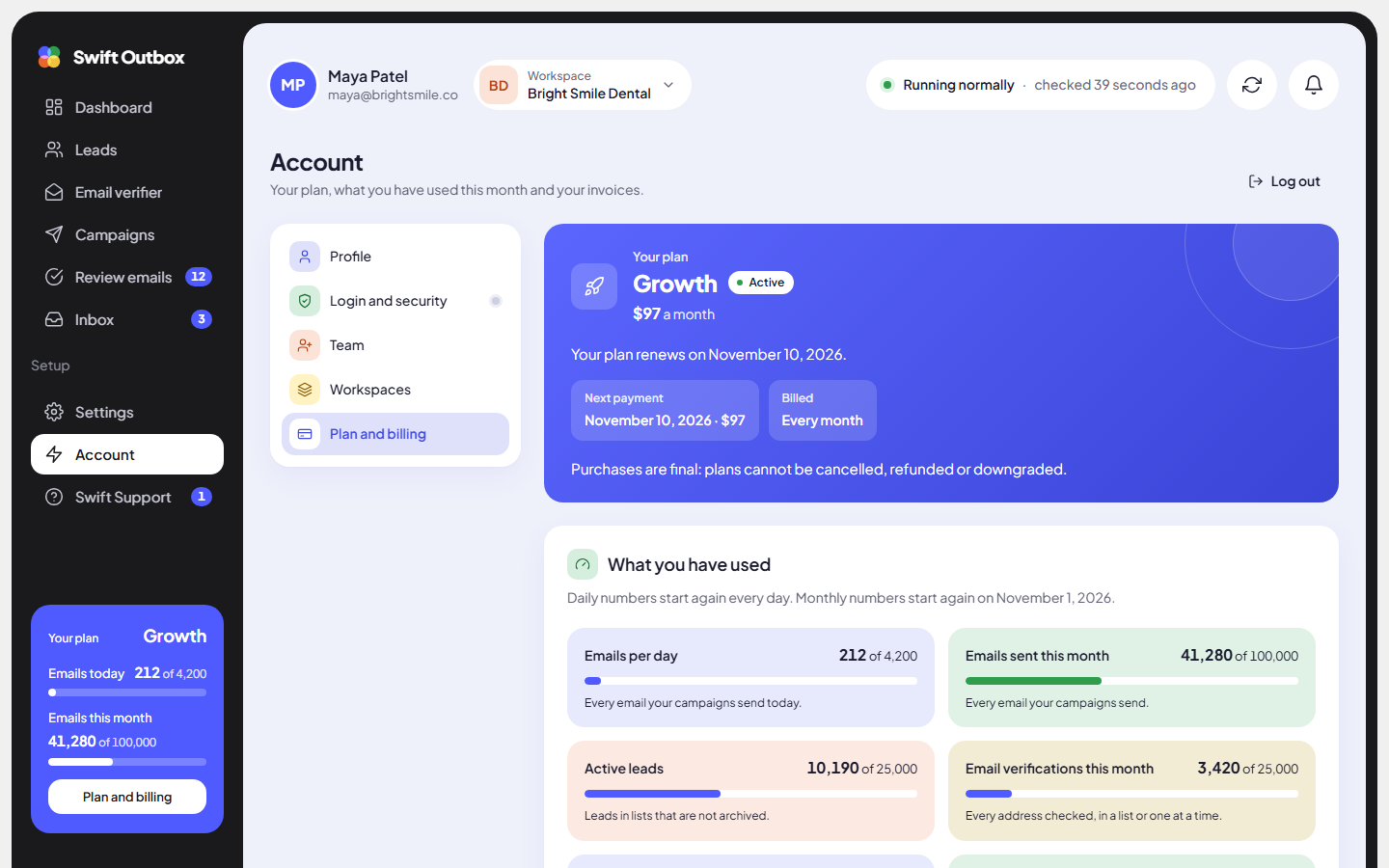 Plan and billing with the current plan, usage meters and invoices