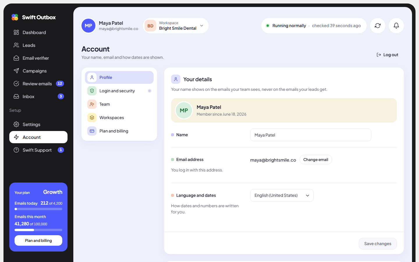 The Profile page with Your details and Your data