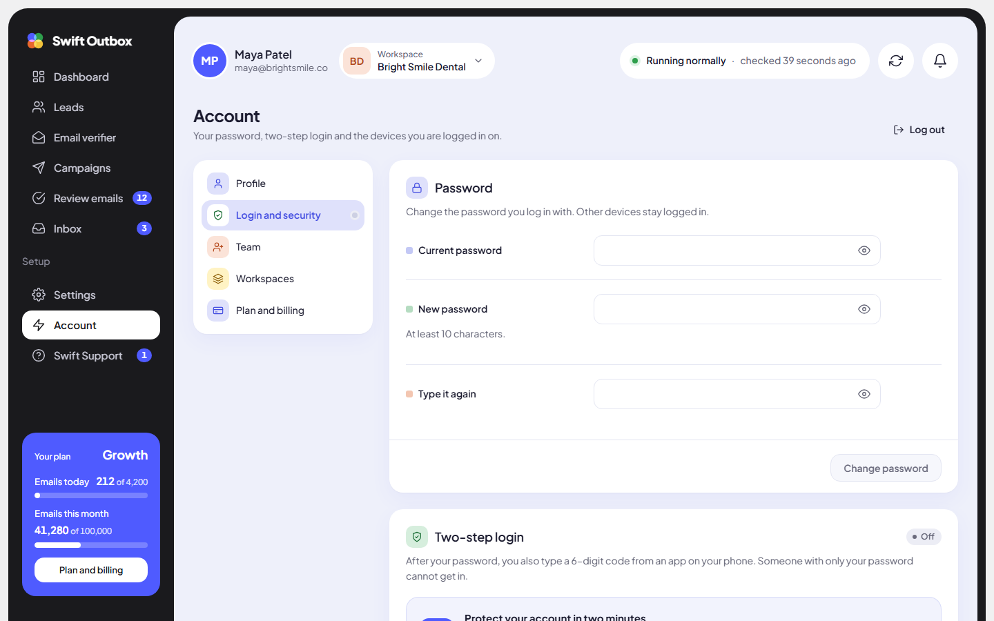 The Login and security page with Password, Two-step login and Where you are logged in