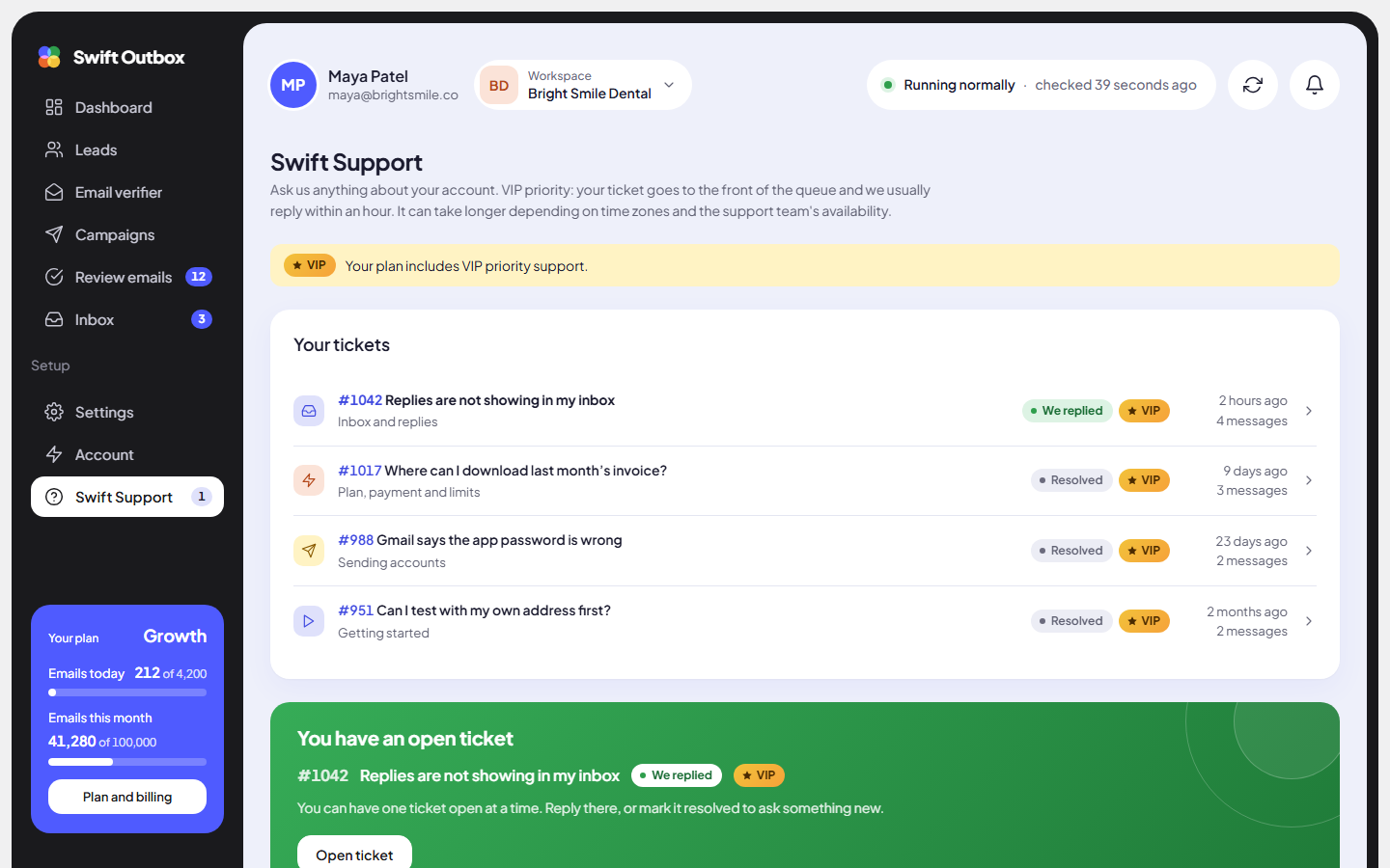 The Swift Support page with the Open a ticket form