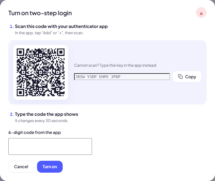The Turn on two-step login dialog with a QR code and a field for the 6-digit code