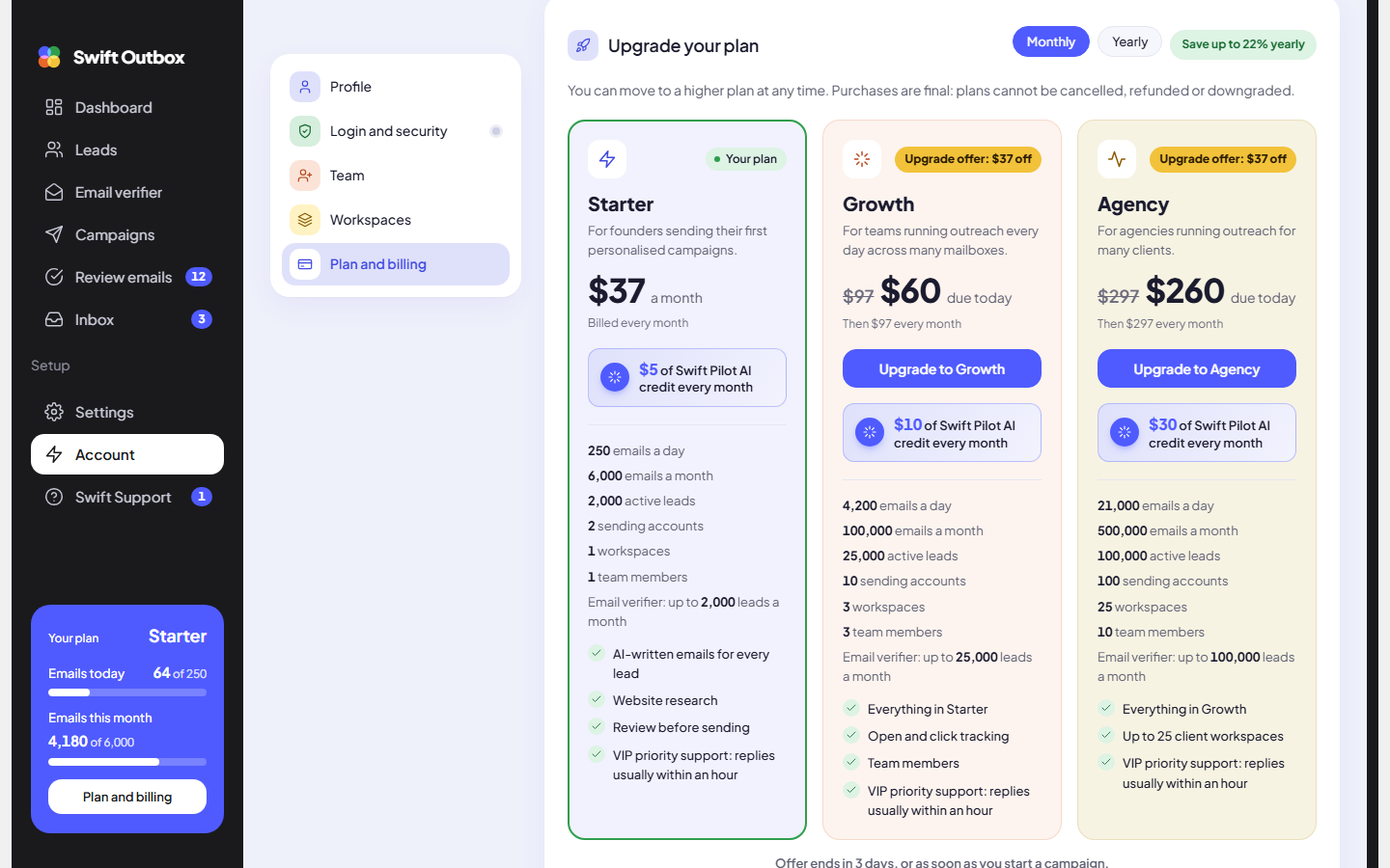 Upgrade offer flags on the Growth and Agency cards