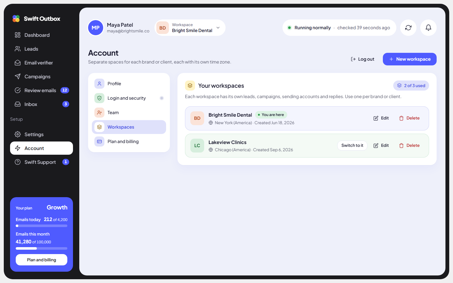 The Workspaces page listing each workspace with its time zone
