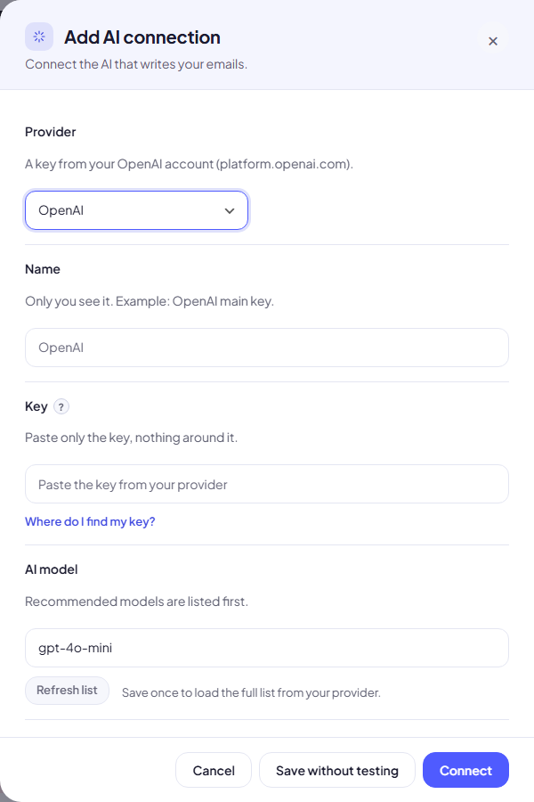 The Add AI connection panel