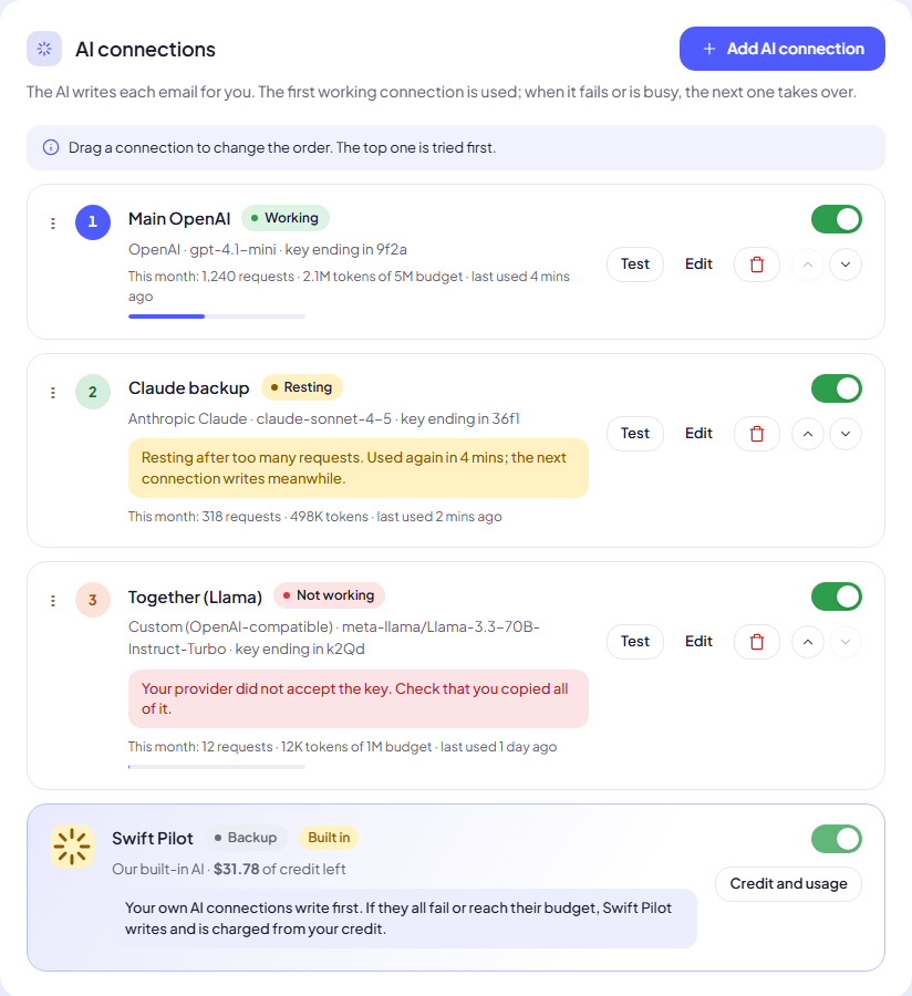 AI connections with your own keys turned on, and Swift Pilot as the backup