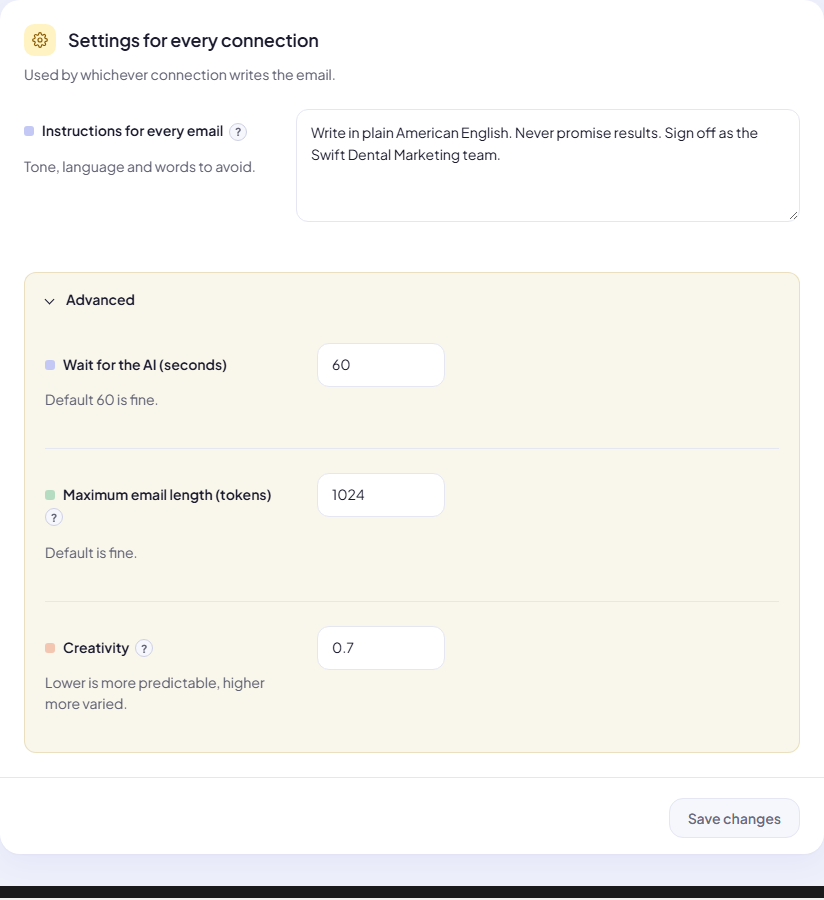Settings for every connection, with Advanced open