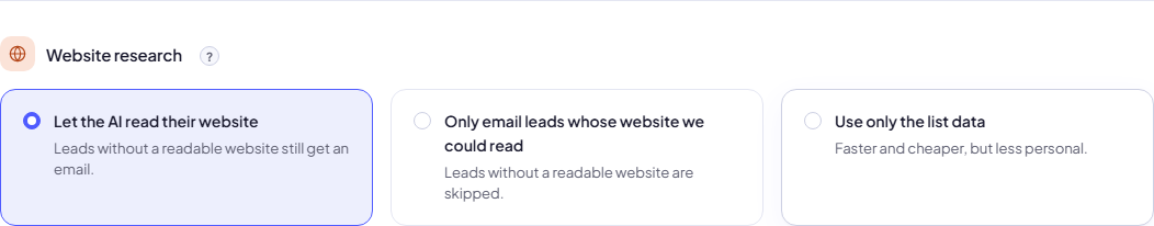 The three website research modes in the campaign wizard