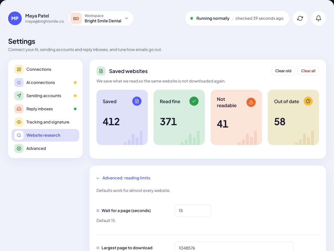 Website research settings: saved websites and reading limits