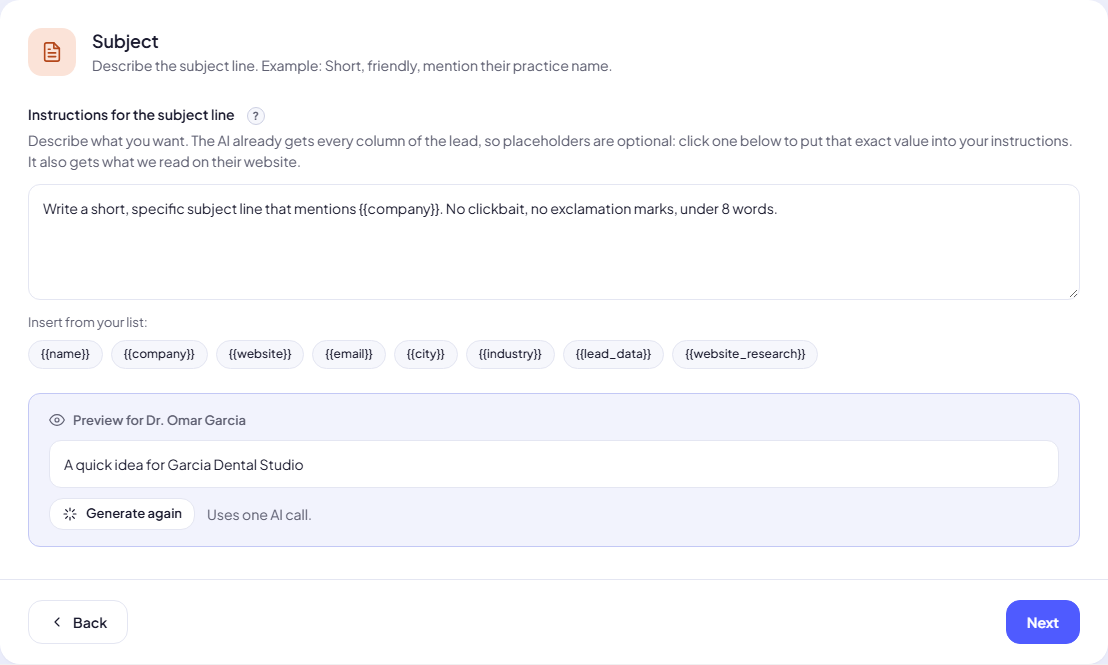 A subject line preview for the first lead