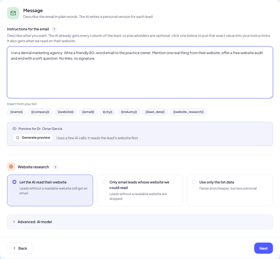 Wizard step 3: email instructions, preview and website research