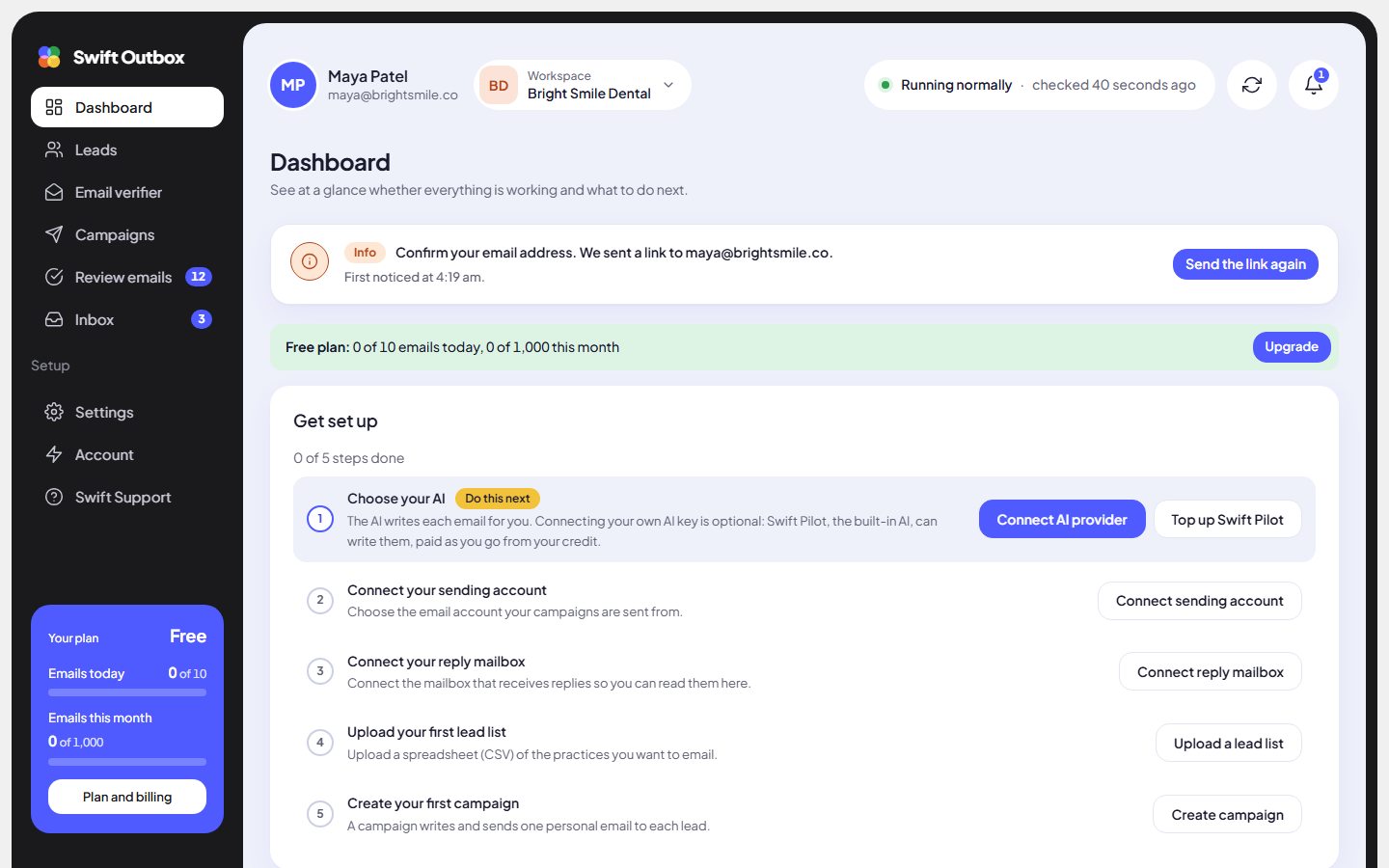 The Get set up checklist on the Dashboard with five steps