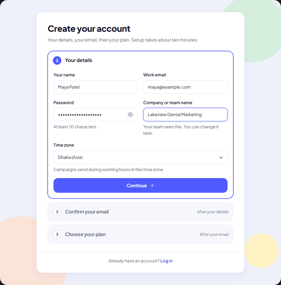 The first sign-up step with name, work email, password, company and time zone