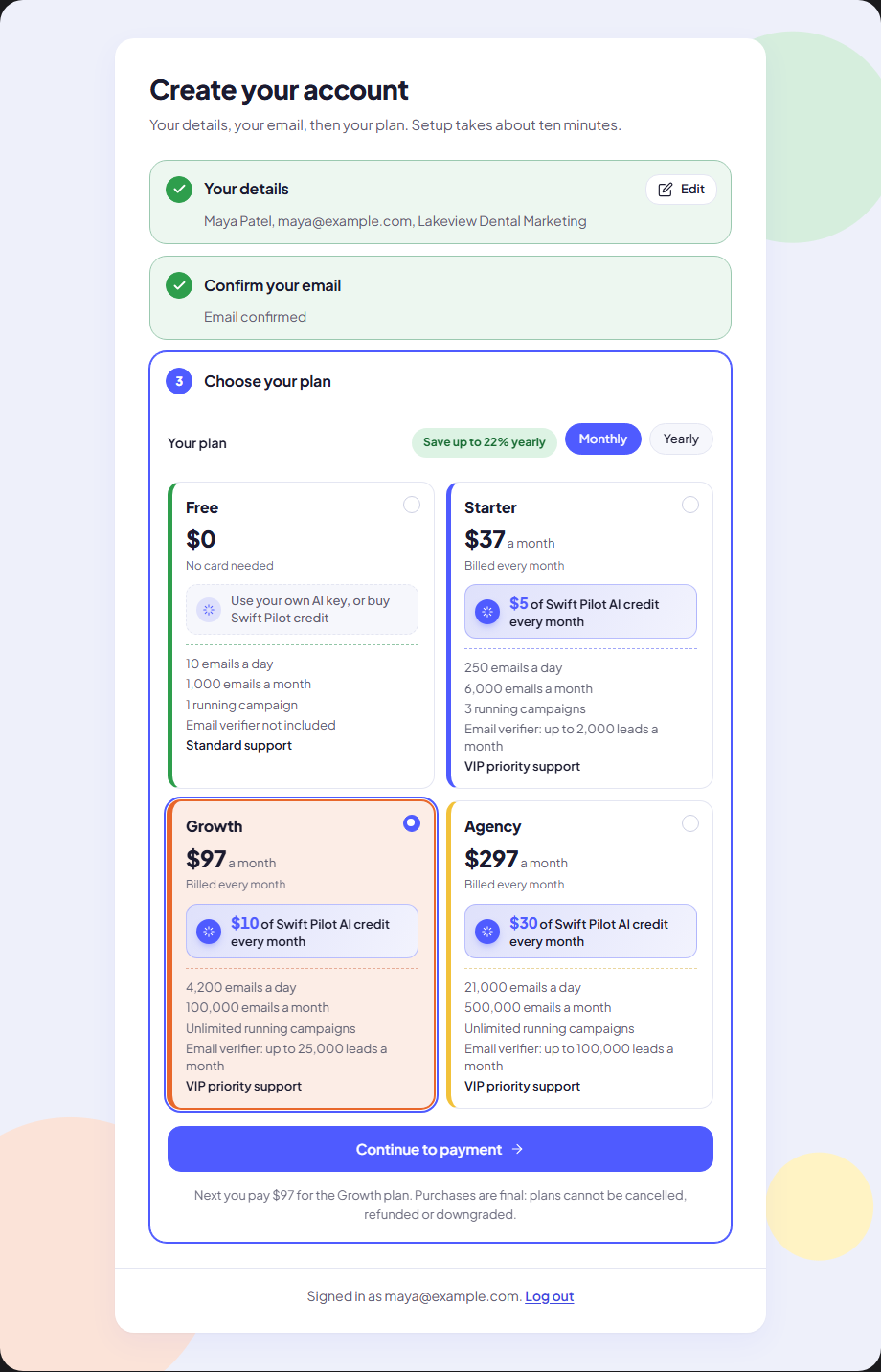 The plan step with Free, Starter, Growth and Agency cards and a Monthly or Yearly switch