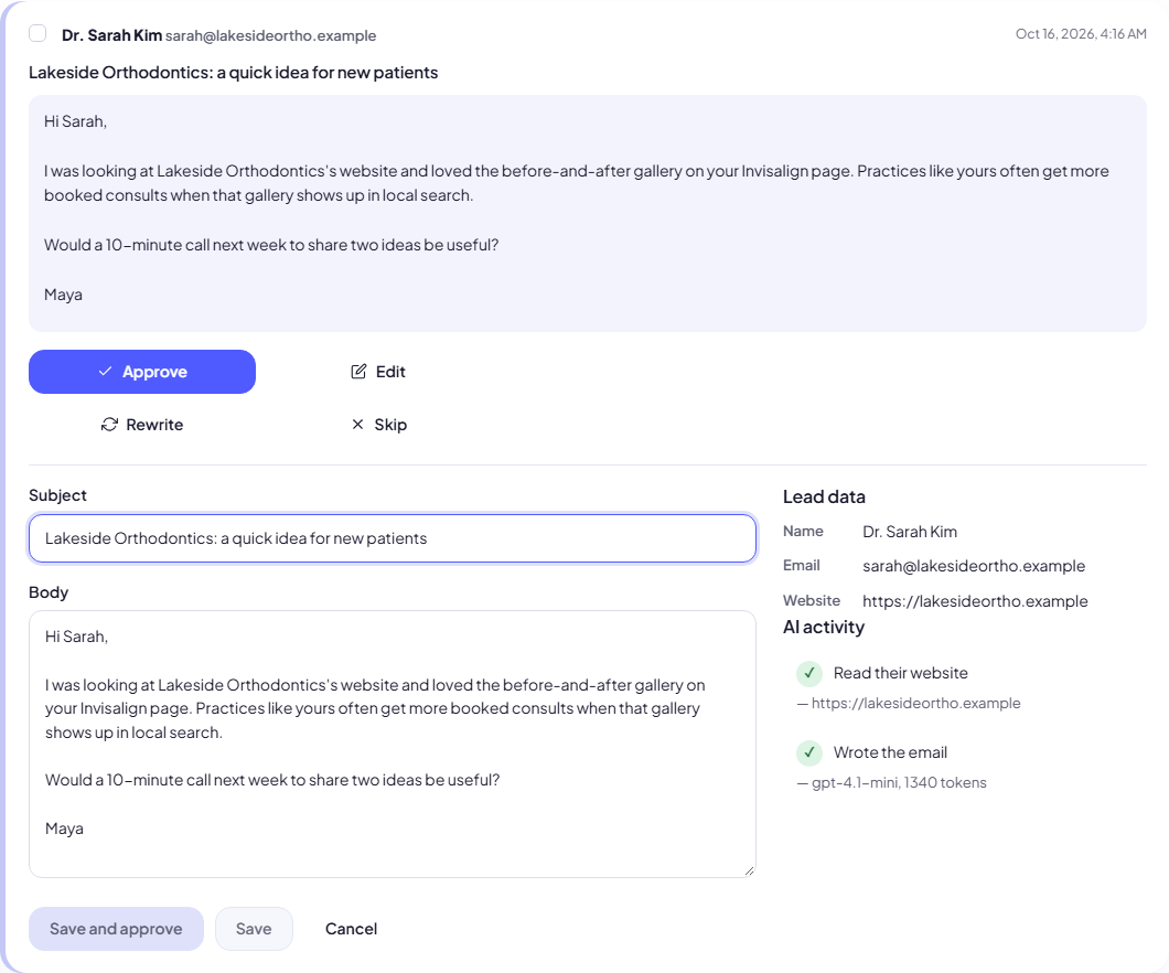 The edit panel with lead data and AI activity