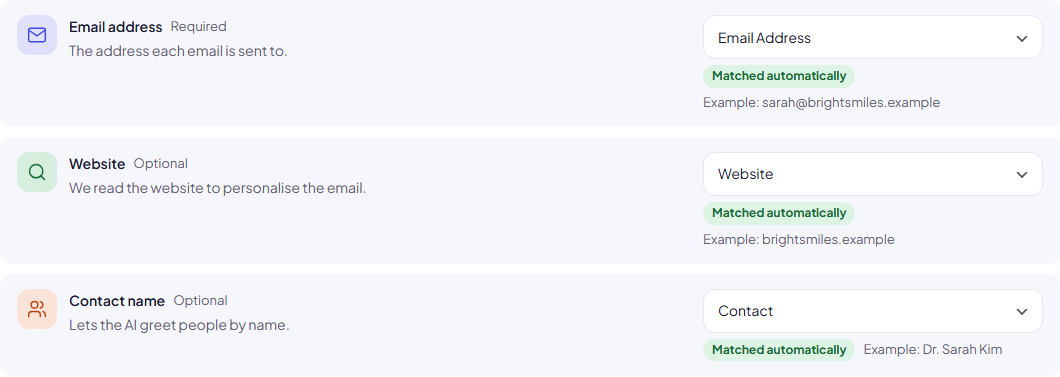 Check your columns: email, website and contact name, each matched automatically with an example