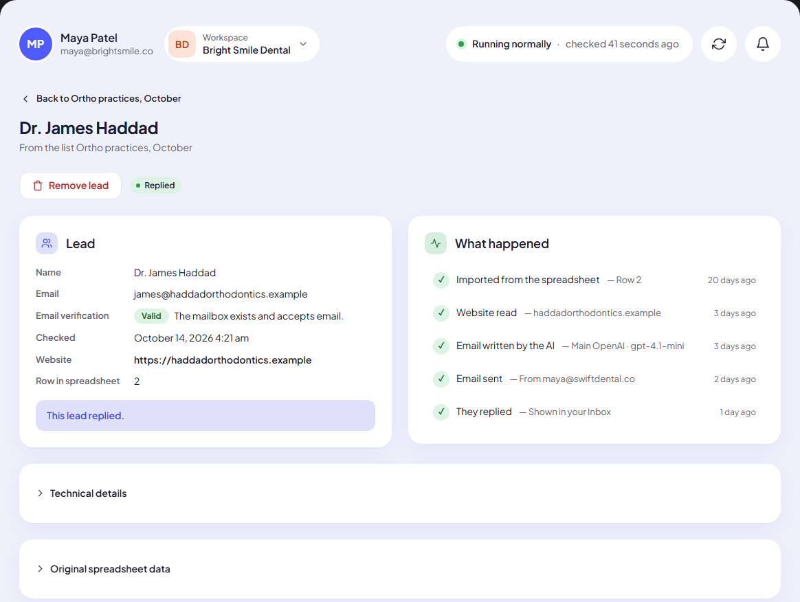 A lead’s details: verification result, website and what happened