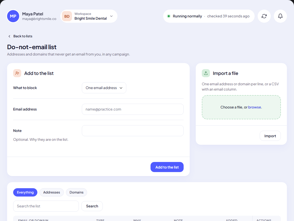 The do-not-email list: add one entry, import a file, and the list below