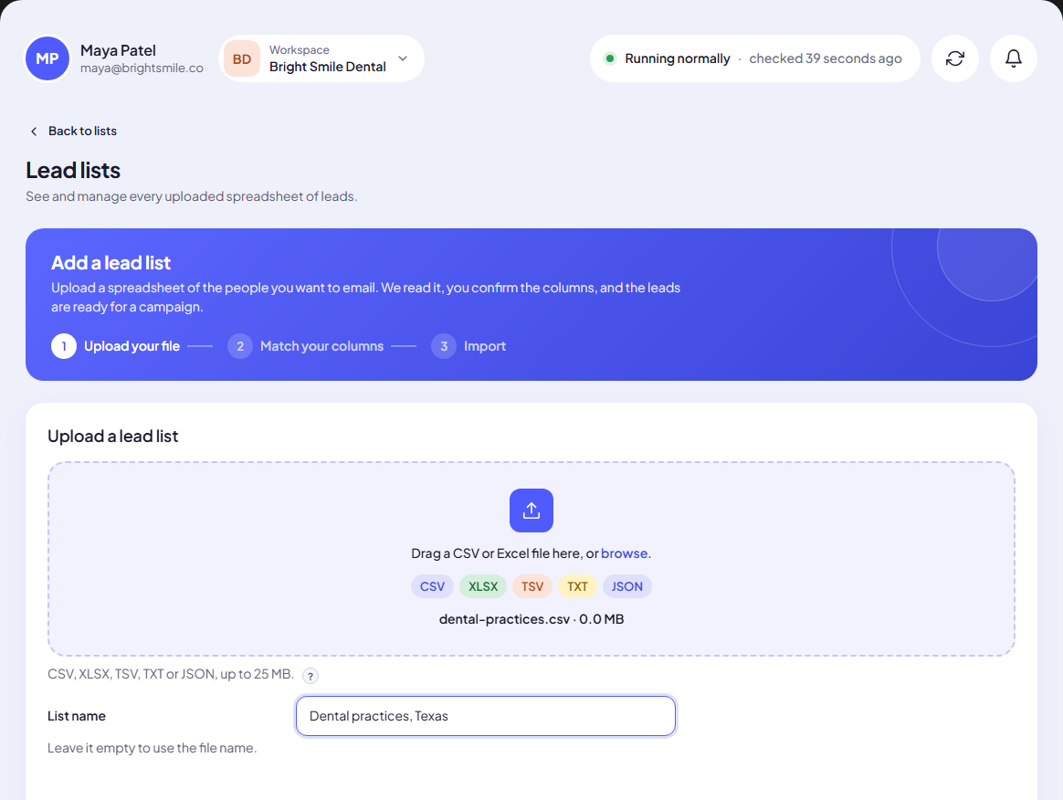 The upload step: drop zone, list name and the verify option