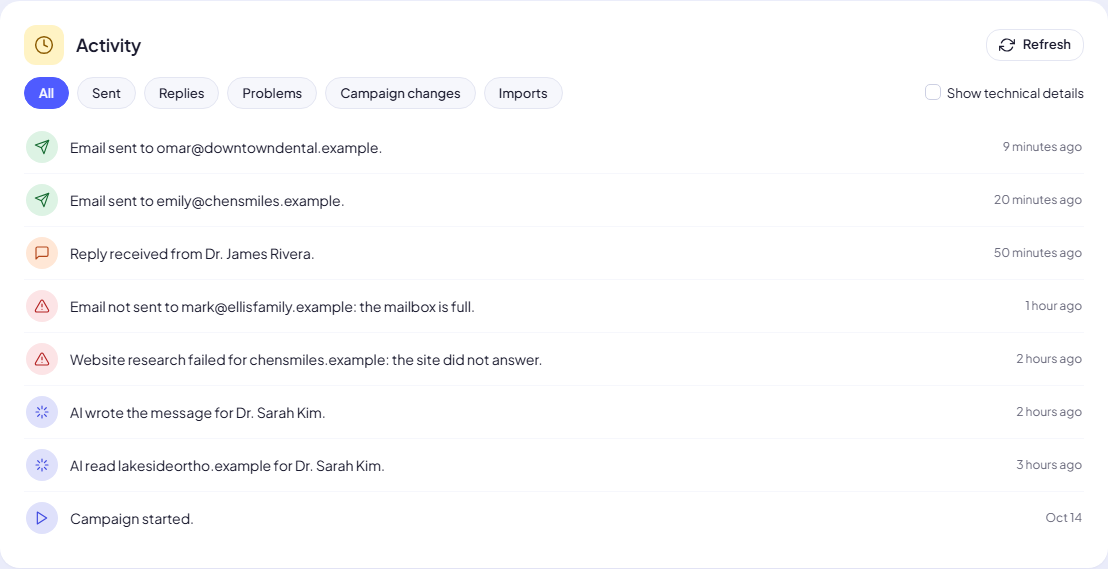 The Activity log of a campaign
