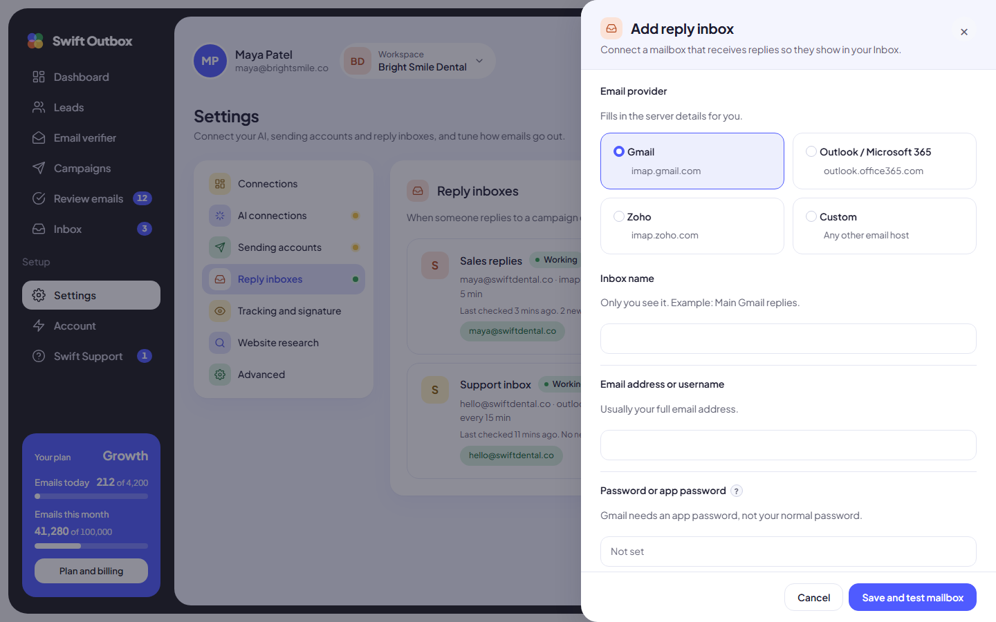 The Add reply inbox drawer with provider, login, folder and check frequency