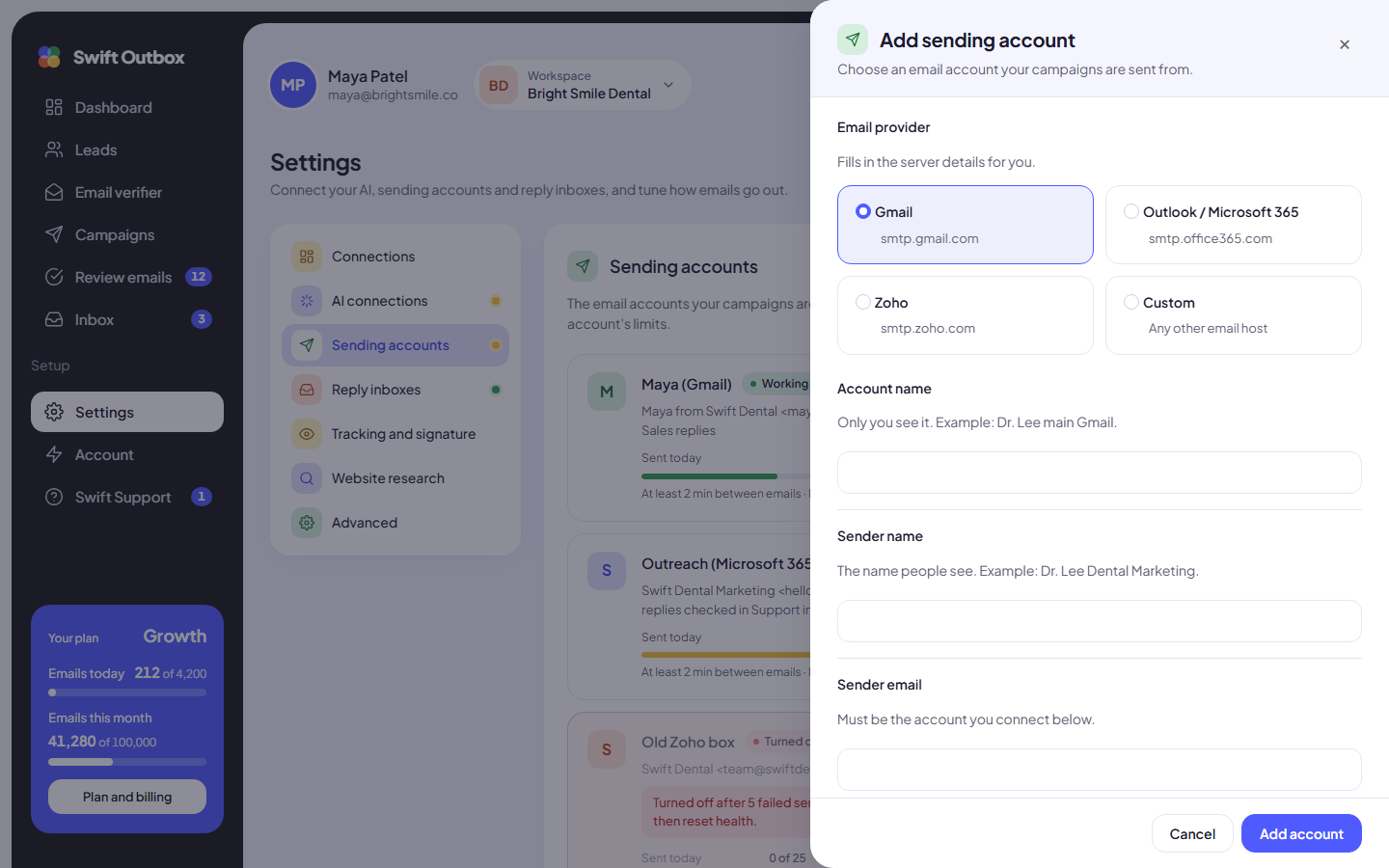 The Add sending account drawer with provider choices and account fields