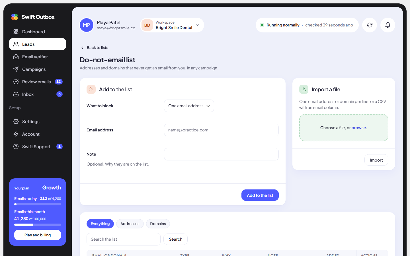 The Do-not-email list with the Add to the list and Import a file cards above the table