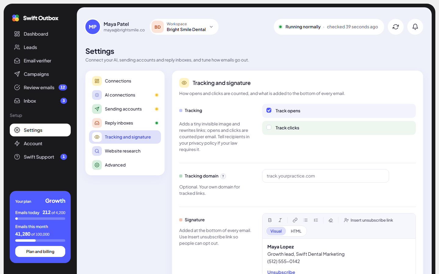 The Tracking and signature tab with Track opens, Track clicks, Tracking domain and Signature