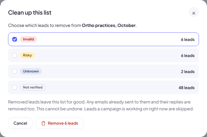 The Clean up window: Invalid ticked, with the number of leads per result