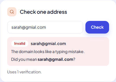 Checking a mistyped Gmail address: Invalid, with a suggested fix