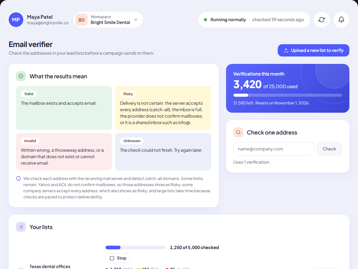 The Email verifier page: what the results mean, the monthly allowance and a single-address check