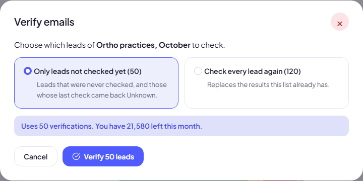 The Verify emails window with the two choices and the cost